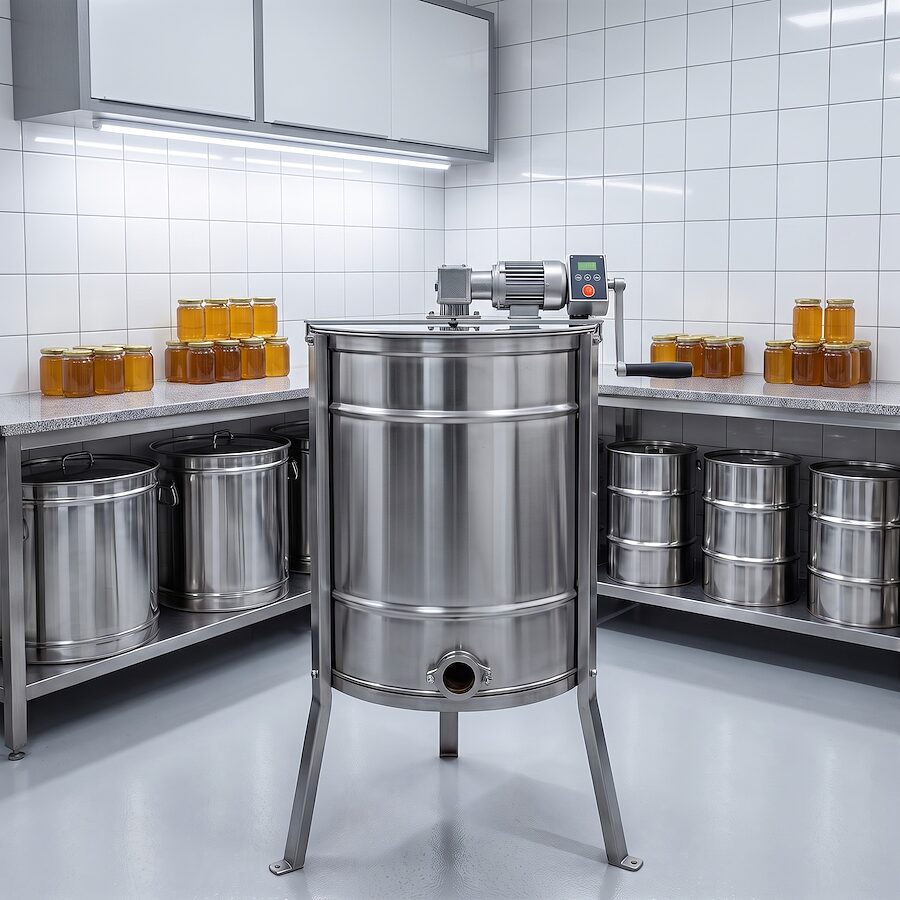 Modern, automata inox mézpergető fehér csempés mézházban, a pultokon borostyánsárga mézzel teli üvegek sorakoznak.